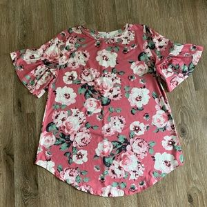 Rose Pink Floral Top With Ruffle Bell Sleeve  Sz L